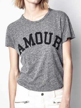 NWT Zadig & Voltaire WALK Gray Melange Amour Lettering Short Sleeve T-Shirt Top